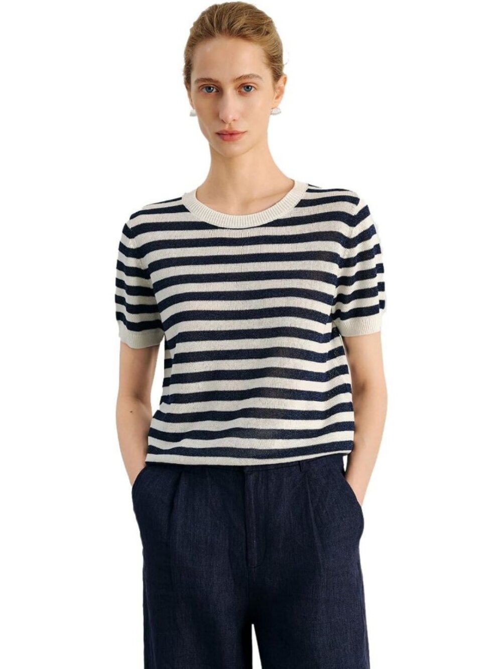 Striped Relaxed Fit Short Sleeve Tee - Soft Knit Crewneck Top for Casual Wear